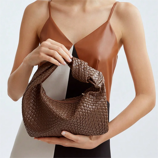 Upscale Vintage Fashion Crescent Hand Carrying Bag in Brown Woven Knot Decoration and Handbag for Shopping Dating Wedding Banque